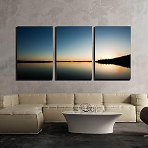 3 Piece Canvas Wall Art - Sundown and Calm Lakescape - Modern Home Art Stretched and Framed Ready to Hang - 16"x24"x3 Panels