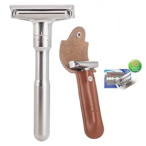Safety Shaving Razor Set, River Lake RZ700 Long Handle Stainless Adjustable Double Edge Classic Safety Shaver Razor (1 Razor, 1 Leather Protective Sleeve & 10pcs dorco blades)