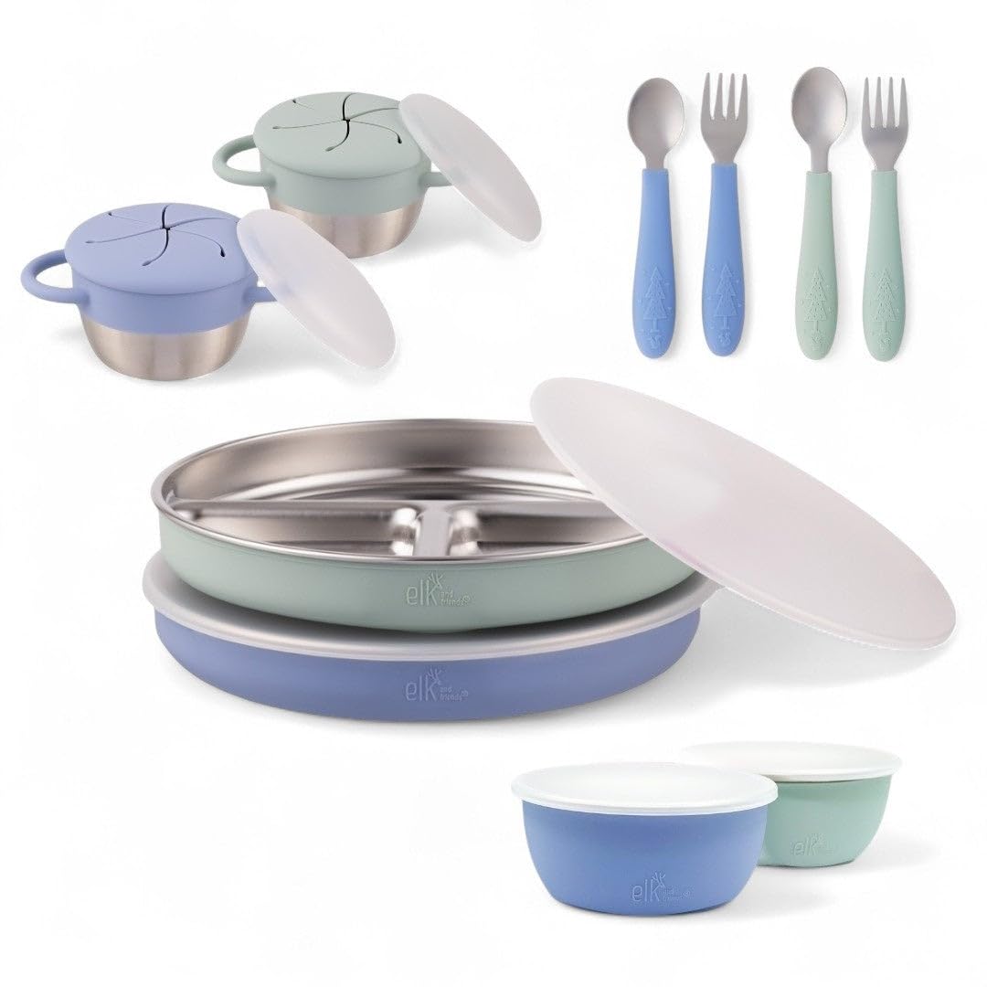 Photo 1 of * does not come with lids or silverware*
Elk and Friends Kids Stainless Steel Mealtime Bundle | Plates, Bowls, Snack Cups + Toddler Utensils | Silicone Sleeves + Travel Storage Lids | For Meals + Snacks | Dishwasher Safe