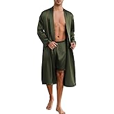 ZUEVI Men's Kimono Robe Set Silk Satin Long Sleeve Bathrobe with Shorts 2 PCS Sleepwear Pjs Sets