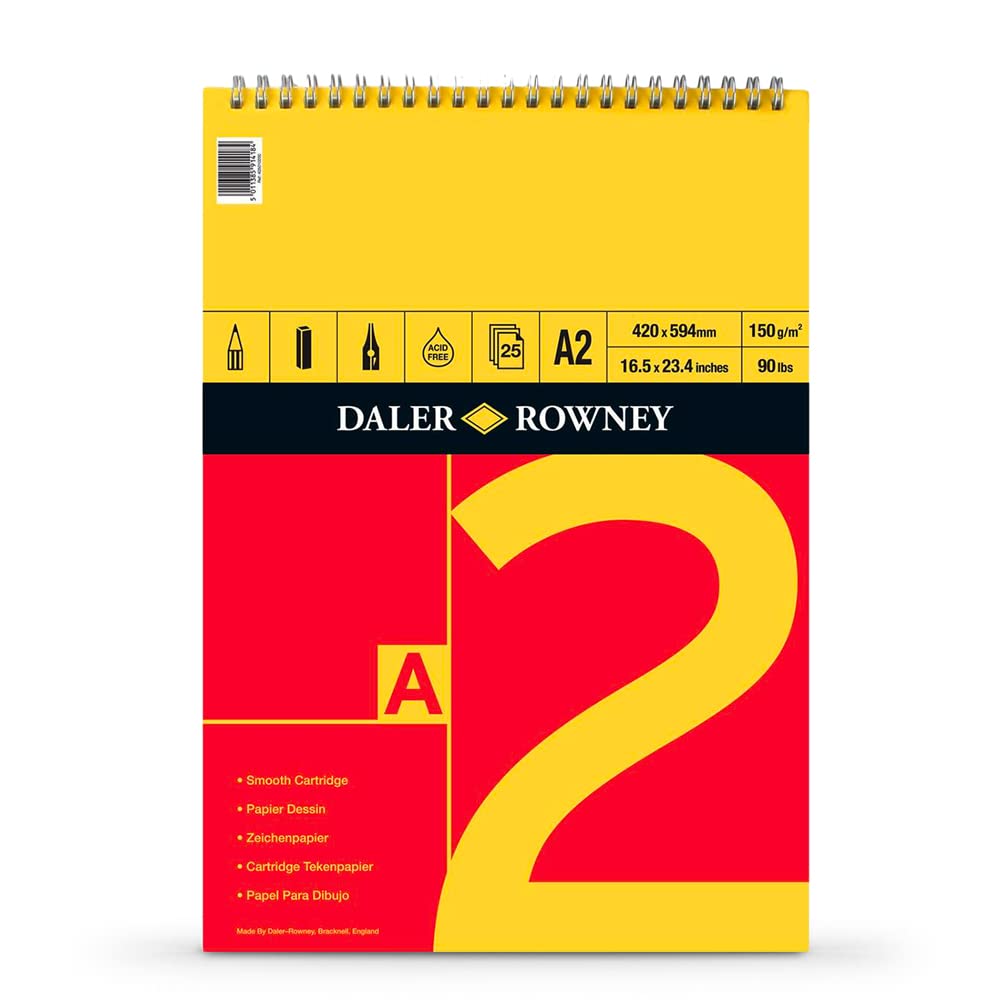 Daler-Rowney Red and Yellow, Drawing Paper, Smooth Surface, 150 gsm, 90lb, Spiral Pad, A2 - 16.5 x 23.4in - 42 x 59.4 cm, 25 Sheets
