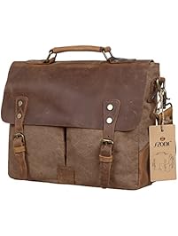 S-ZONE Leather Vintage Canvas Laptop Messenger Shoulder Bag 14.6"(L) 11"(H)3.9(W)