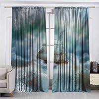 DESPKON-HOME Window Darkening Curtains,Ocean Majestic Nautical Sealife and Pirate Boat Ship on a Wavy Deep Sea Art Print Darkening Darkening Curtains (63W x 63L inch,Blue Grey and White)