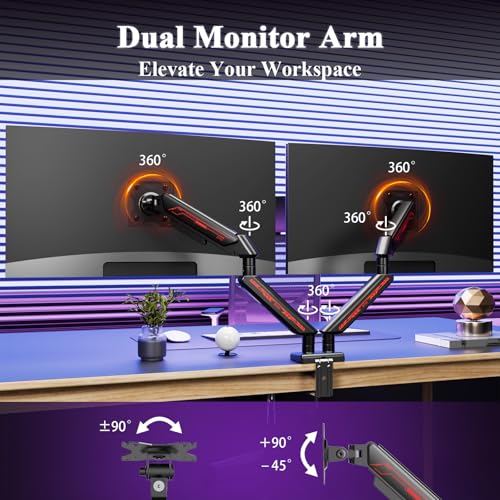 ETHU Dual Monitor Arm, Adjustable Gas Spring Monitor Stand Support 13-32 Inch and 9kg Screen, Full Motion Computer Monitors Mount, LED/LCD Display Arm, VESA Pattern 75x75/100x100 Dual Arm Black