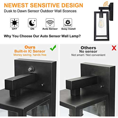 Dusk to Dawn Sensor Outdoor Wall Sconce, Exterior Wall Lantern Fixture with E26 Base Socket, Wall Mount Lights Anti-Rust Waterproof Matte Black Wall Lamp with Clear Glass Shade for Garage, Doorway