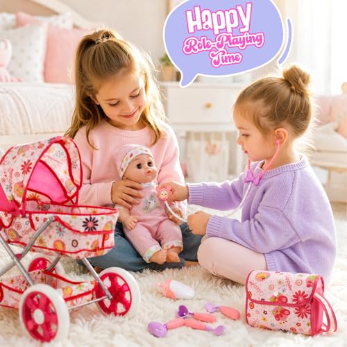 HappyGoLucky Baby Stroller with 28 cm Doll, Clothes and Accessories Dolls Roleplay Girl 3-7 Years Dolls Pram Gift Girl 2-8 Years Toys Child