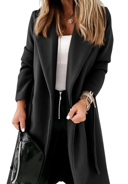 Womens Classic Coat Lapel Collar Open Front Belted Long Jacket