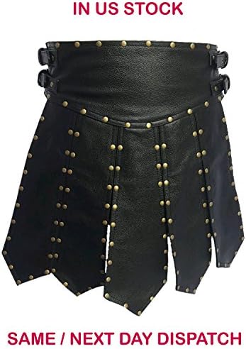 Mens Real Black Leather Heavy Duty Gladiator Kilt LARP