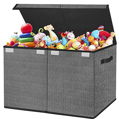 VERONLY Kids Toy Box Storage Large, Black Foldable Chest for Girls Plush Toys, Fabric Basket Organiser Bins with Lids and Handles for Bedroom, Nursery, Clothes, Blankets, Children