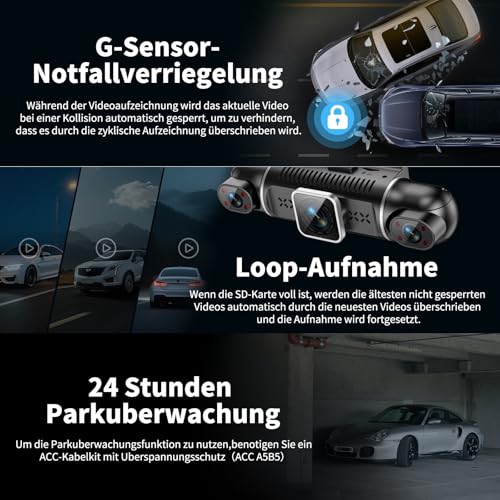 Dashcam Auto Vorne Hinten 4K/1080P,4 Kanal Auto Kamera mit 64GB SD-Karte,360°Dash Cam mit parküberwachung,4X140° Weitwinkel,3" IPS-Bildschirm,WDR Nachtsicht(8 IR-LEDs),G-Sensor,Loop-Aufnahme,WiFi App
