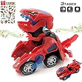 Dinosaur Cars Transforming Toys,Transforming Dinosaur LED Car with Light Sound Kids Toy,Dinosaur Cars Combined Into One,Automatic Transformation,2-8 Year Old Boys Girls Toddlers Kids Gift (Red)