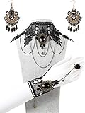 Tatuo Lace Choker Black Beads Pendant Chain Bracelet Vampire Style Earrings for Halloween Costume Women Girls Favor