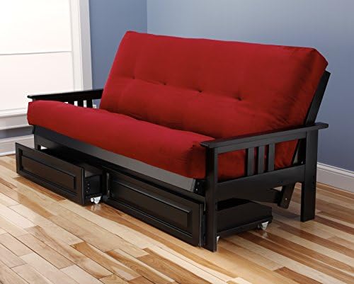 Mission Style Black Wood Frame Futon with Storage Drawers Convertible Full Size Innerspring Mattress Cover-Use As Bed Sofa Sofabed Or Couch -Comfortable Furniture For Sleeping Lounging Sitting