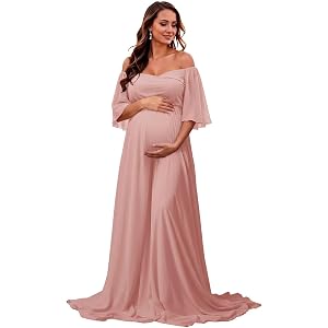 keosin Chiffon Ruffle Sleeve Maternity Dresses for Photoshoot Long Off Shoulder Baby Shower Gown Pregnancy Bridesmaid Dress