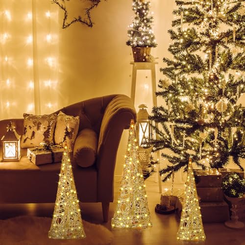 Baquler 3 Pcs LED Lighted Christmas Cone Trees Christmas Tree Ornament