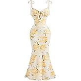 Milumia Women's Floral Tie Knot Mesh Cami Dress Boho Ruched Bust Fishtail Long Dresses
