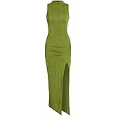 Charfille Women Sexy Semi Sheer Sleeveless Mock Turtleneck Jersey Ruched Thigh Slit Bodycon Maxi Dress for Party Club