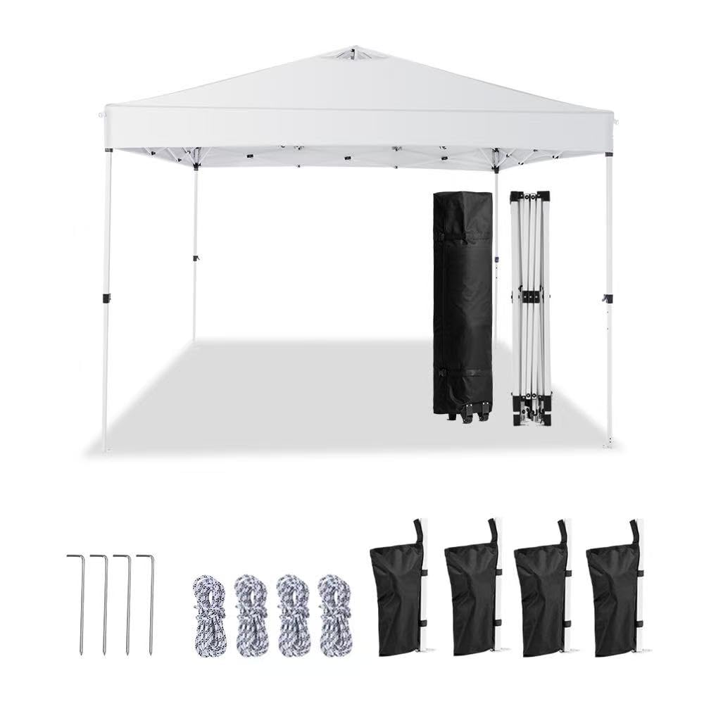 Photo 1 of 10x10 Pop Up Canopy Tent – One-Person Setup, Waterproof & UV-Blocking, Heavy-Duty Steel Frame, Wheeled Bag & Sandbags – Outdoor Shade for Beach, Camping, Backyard, Tailgate, Events (White)