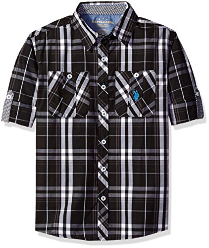U.S. Polo Assn. Little Boys' Long Sleeve Plaid Two Pleated Pocket Sport Shirt, Black, 5/6