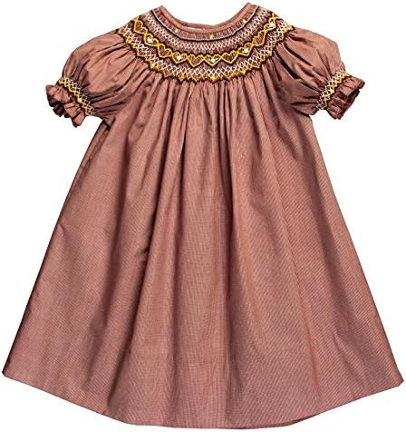 Rosalina Little Girl's Dk. Brown Gingham Smocked Heart & Flower Bishop Dress