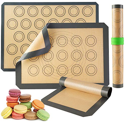 Silicone Baking Mats-Non Stick Cookie Sheet Macaron Mat Liner for Bake Pans & Rolling,Perfect Bakeware For Bread Making Pastry Cake Brioche Pizza-Thick/Large/BPA Free(2 Half Sheets &1 Quarter Sheet)
