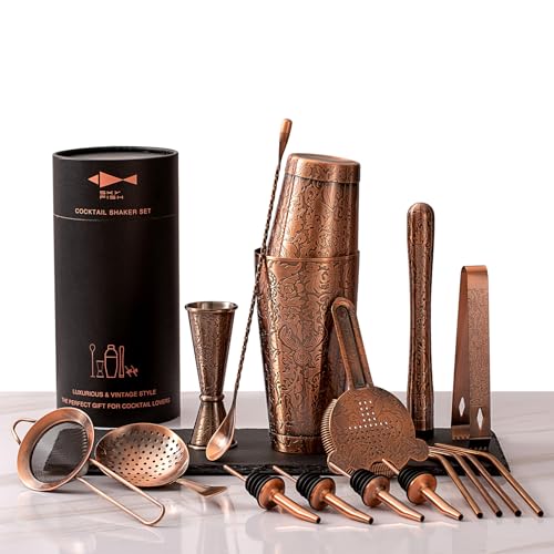 SKY FISH Boston Cocktail Shaker, 18 Piece Cocktail Kit with 3D Embossed Design, Professional Bartender Set for Cocktails Lovers, Hand Wash, Antique Copper