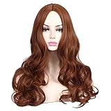 ColorGround Long Wavy Mid-Split Reddish Brown Wig for Women