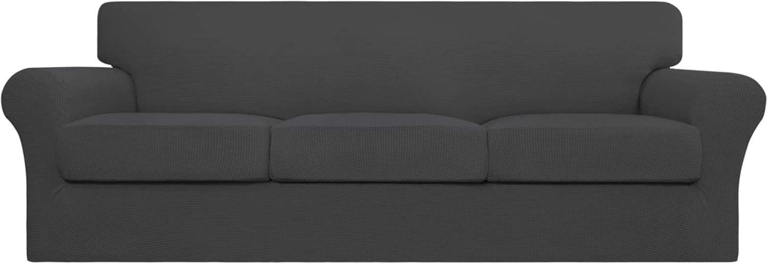 Slipcovers - Easy-Going Couch Cover, Stretch Sofa Cover with 3 Cushion Covers, Washable Spandex Jacquard Fabric, Elastic Furniture Protector for Pets, Kid (Large, Dark Gray)