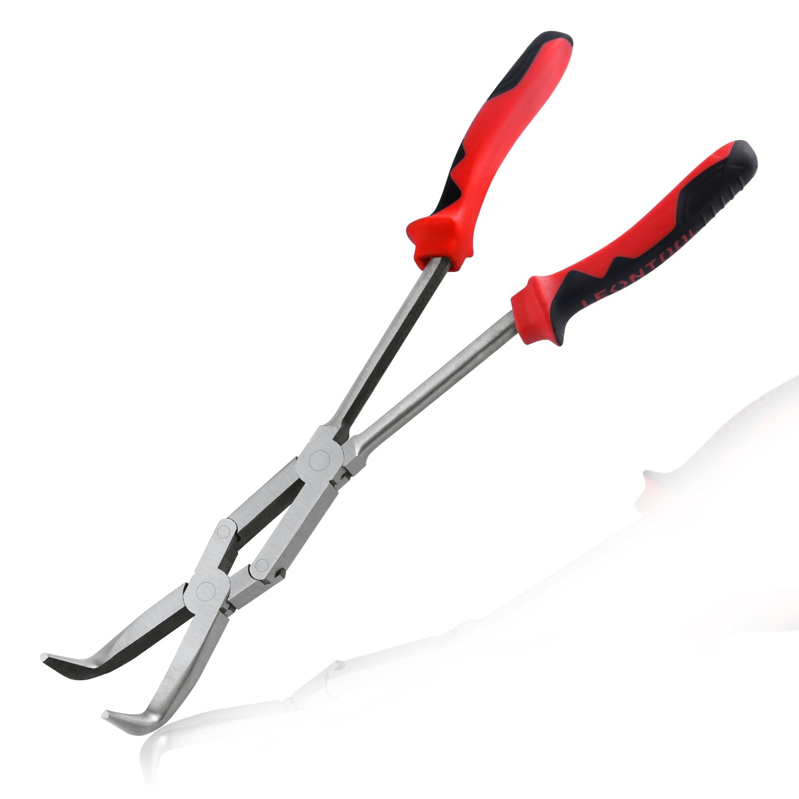 LeonTool 13-Inch Long Reach 90 Degree Bent Nose Pliers with Dual Pivot, Double Joint, Serrated Jaw for Narrow Spaces