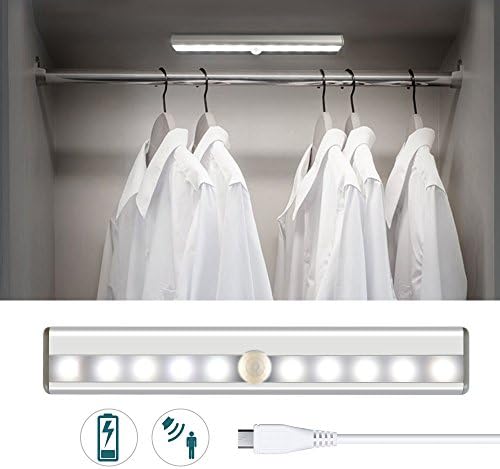 Motion Detected Closet LED Night Lights, Portable Wireless or Cordless Rechargeable Light for Cabinet/Wardrobe/Stairs, Self Sticked Light Bar with Magnetic Strip (1 Pack, USB Rechargeable, Pure White)