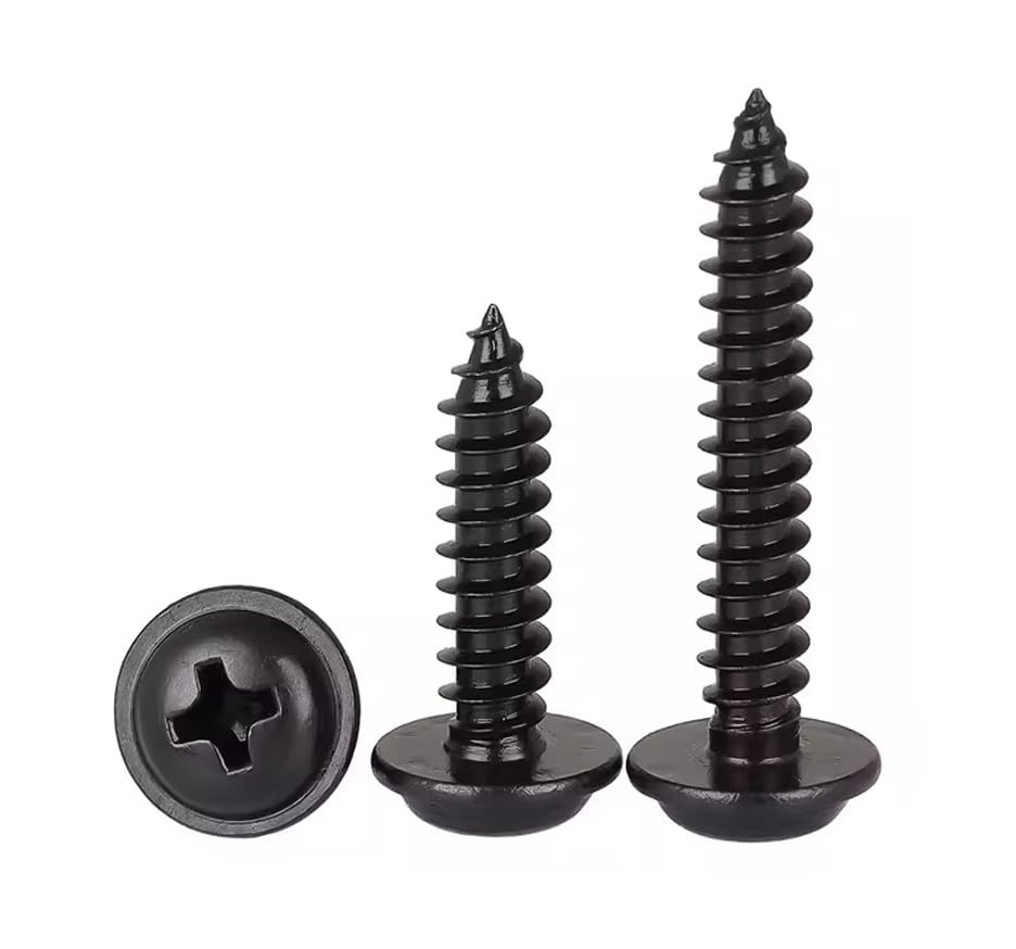 FandWay 100Pcs Self Tapping Screws Black,M5 Wood Screws Assortment,Pan Head With Washer Self Drilling Screw,Wafer Head Sheet Metal Screw Phillips Drive for DIY Woodwork Repairs.