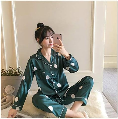 Autumn Women's Pajamas Sets With Flower Print Fashion Luxury Female Faux Silk Two Pieces Shirts + Pants Nighties Sleepwear (Color : C Q 8801-XL)