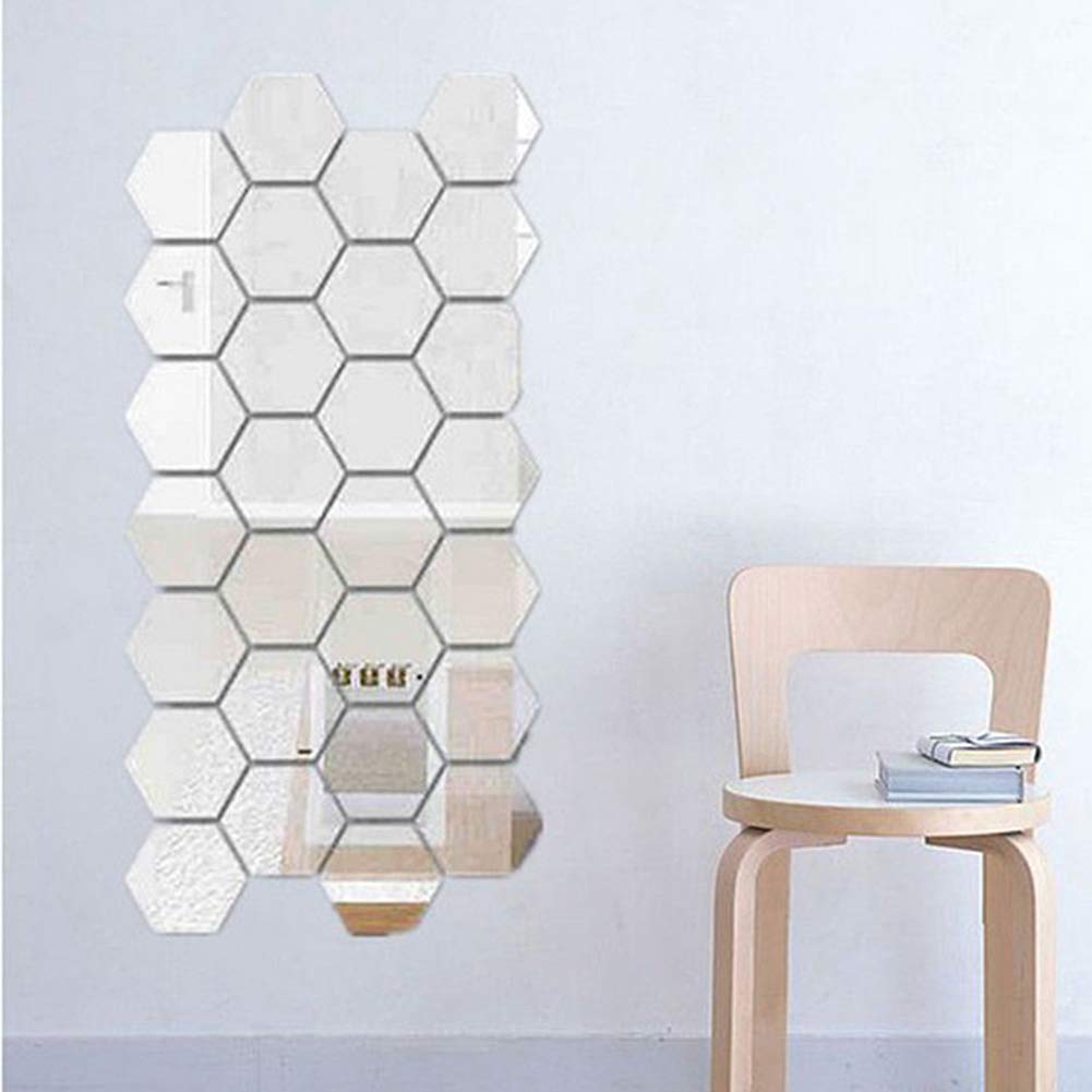 Kuashidai Hexagonal Acrylic Mirror Sticker - Removable Mirror Setting Wall Sticker Decal - Aesthetic Home Living Room Decor, 48Pieces