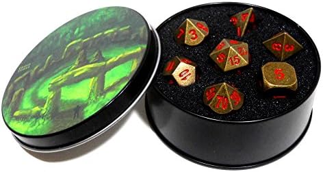 Metal Dice Polyhedral Set of 7 Crimson Bronze D&D RPG Ancient Bronze with Red Numbers