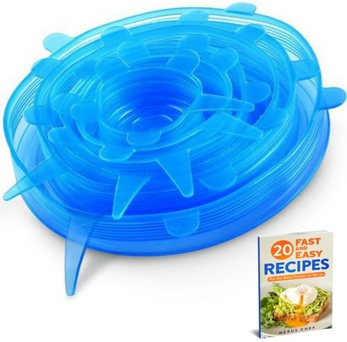 Silicone Stretch Lids Reusable 6 Pack Durable and Expandable - Fits Various Sizes and shapes of containers - Dishwasher and Freezer Safe - NexusChef