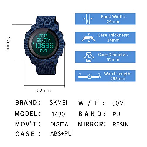 SKMEI Mens Digital Sports Watches, Military Compass Waterproof Watches Pedometer Stopwatch Countdown Wristwatch for Men - Thumbnail 5