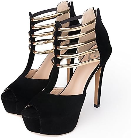 Figoo Platform Pump High Heels Black Peep Toe T-Strap
