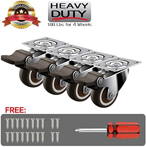 4 Pack 1" Swivel Caster Wheels with Safety Dual Locking and Polyurethane Foam No Noise Wheels, Heavy Duty - 100 Lbs Per Caster