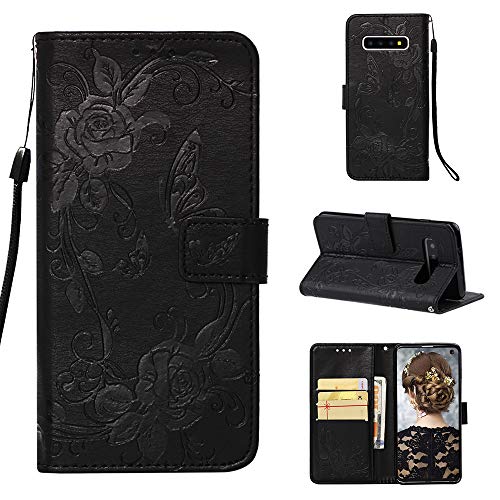 Funyye Wrist Strap Leather Cover for Samsung Galaxy S10,Black Magnetic Flip Butterfly Embossing Flower Pattern Folio Wallet Case with Stand Credit Card Holder Slots Case for Samsung Galaxy S10