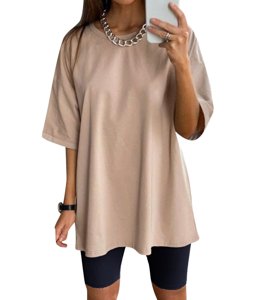 View 1 of **Top Only** Glamaker Women 2 Piece Outfit sets Casual Oversized T-Shirt Tops Biker Shorts Workout Sport s Tracksuit (Small, Khaki-Black)
