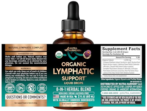 USDA Organic Lymphatic Drainage Supplement - Echinacea | Elderberry | Dandelion | Rosehip | Cleavers | Calendula | Burdock - Lab Tested - Lymph System Drops - Immune Support, Cleanse & Detox, 2 fl oz