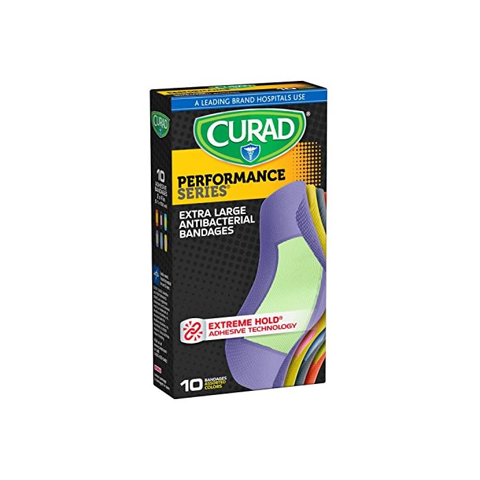 Curad Performance Series Extreme Hold Antibacterial Fabric Bandages, Assorted, X-Large