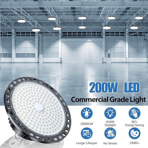TOPAUBUB 200W UFO LED Interior Ceiling Spotlights, 4 Pieces, LED Ceiling Lamps 20000LM IP65 6500K with Metal Chain 30 cm, Driver, Industrial Spotlight for Garage