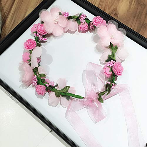 Flower Crown Headband Wristbands Rose Wreath Garland Hair Bands Wrist Bands Floral Wedding Bridal Hair Hoop Bracelet Women Leaf Ribbon Adjustable Handmade Rattan Vine Hair Accessories 3 Pack Pink