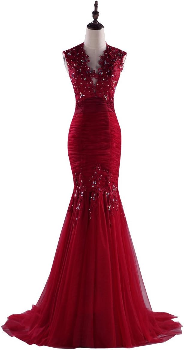 Irenwedding Women's V Neck Applique Rhinestones Keyhole Back Fishtail Formal Dress