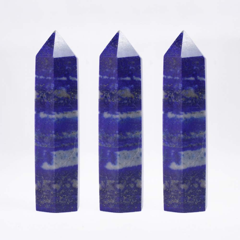 Runyangshi 3pcs Blue Lapis Lazuli Healing Crystal Wands Height 3.3"-3.5", 6 Faceted Prism Wand Single Point Reiki Chakra Stone, Natural Quartz