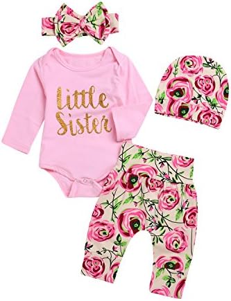 Infant Girls 4PCs Set Long sleeve Romper + Floral Pants + Hat +Headband Outfits (100(12-18M), Pink)