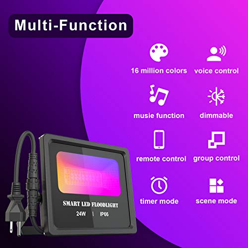 led Light WiFi LED Flood Lights 24W Outdoor Dimmable Color Changing Stage Light Work with Alexa 2700K-6500K IP66 Waterproof Wall Washer Light for Party, Garden, Landscape