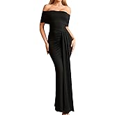 GLNEGE Off The Shoulder Formal Wedding Guest Maxi Dress for Women Fall Elegant Ruched Bodycon Cocktail Party Long Dresses