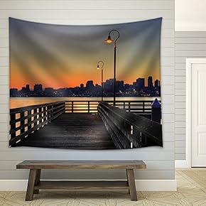 Downtown Skyline from The Pier at Sunrise - Fabric Wall Tapestry Home Decor - 51x60 inches